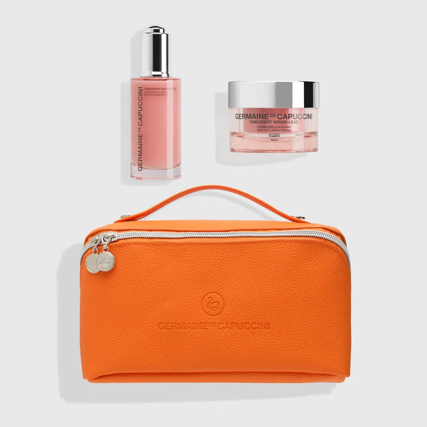 Set pro-colágeno Rich con sérum de 50 ml, crema de día SPF30 de 50 ml y neceser naranja
