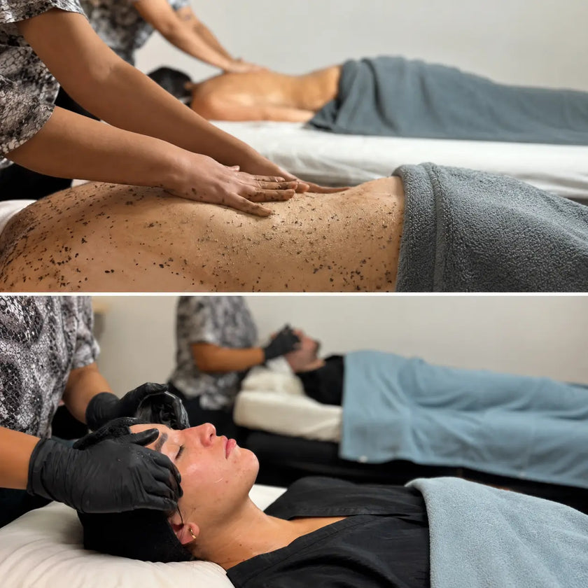 Tratamiento de exfoliación corporal y facial realizado por profesionales en un spa